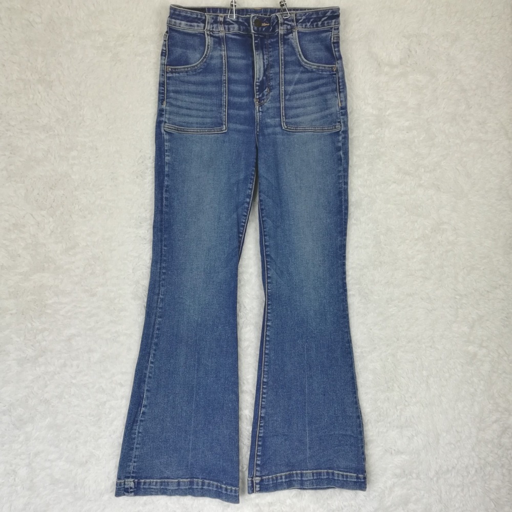 American Eagle Womens Jeans Super Hi-Rise Flare Blue Denim Patch Pocket 10
